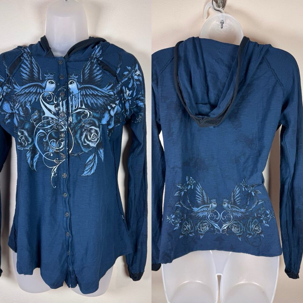 Sinful Affliction Womens Y2K Blue Bird & Roses Graphic Print Button Up Hoodie